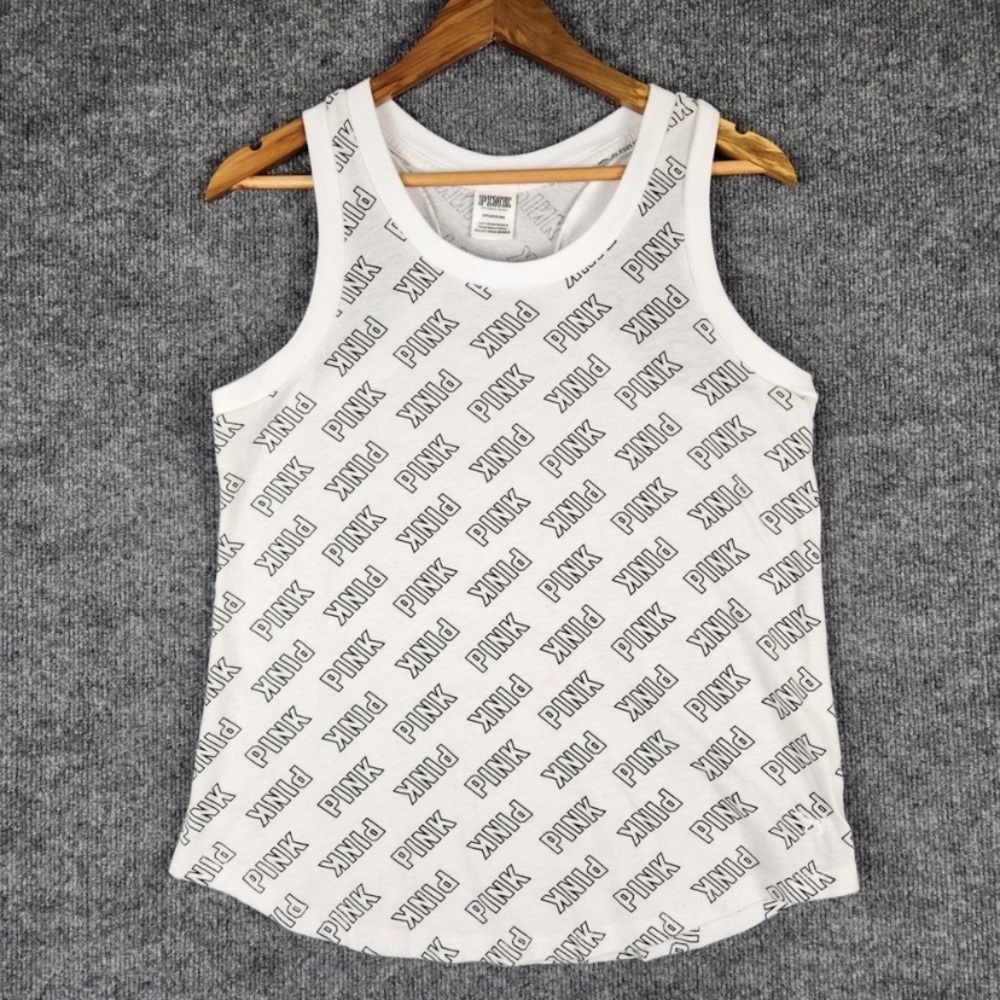 PINK Victoria's Secret White Logo Repeat Tank